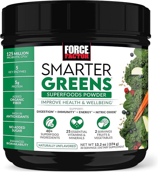 FORCE FACTOR Smarter Greens Superfoods Powder to Support Digestion and Bloating, Immunity, and Energy, Greens Powder with Probiotics, Digestive Enzymes, Antioxidants, and Fiber, 30 Servings