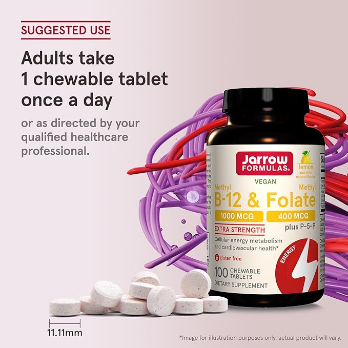 Jarrow Formulas Extra Strength Methyl B-12 1000mcg & 400 mcg P-5-P, Supplement Support,100 Chewable Tablets,100 Day 12 Packs