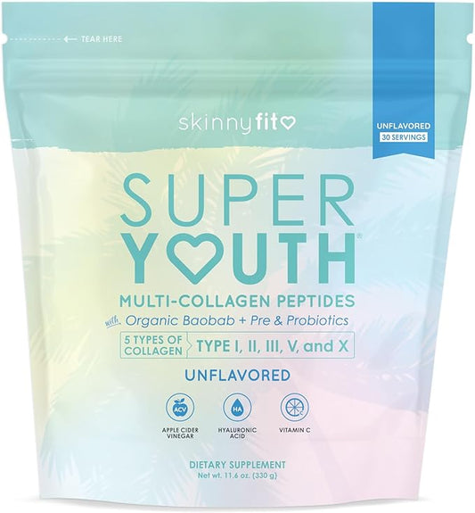 SkinnyFit Super Youth Unflavored Multi-Collagen Peptides + Probiotics, Baobab Fiber, Apple Cider Vinegar, Hyaluronic Acid, & Vitamin C, Skin, Hair, Joint & Metabolism Support, 30 Servings