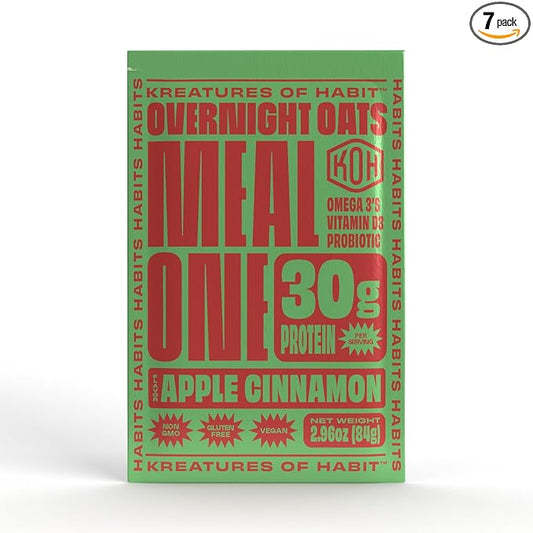 Kreatures of Habit Meal One | Overnight & Instant Superfood Protein Meal Replacement | Gluten Free, Dairy Free, 30g of Plant Based Protein, With No Added Sugar | Apple Cinnamon | Pack of 7