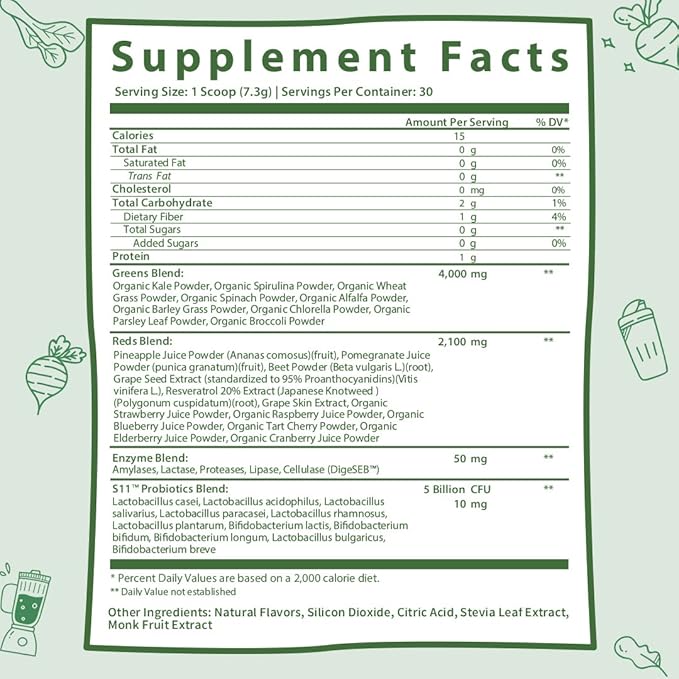 GOBIOTIX Super Greens and Reds Powder - Red and Green Superfood - Probiotic Supplement - Digestive Enzymes and Beet Root Powder - Organic Whole Foods Dietary Supplement (Pom Raspberry, 2 Pack)