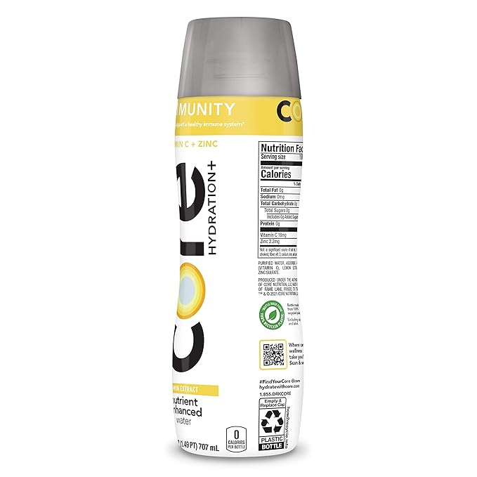 CORE Hydration+ Immunity, Lemon Extract Nutrient Enhanced Water with Vitamin C and Zinc, 23.9 Fl Oz Bottle (Pack of 12)