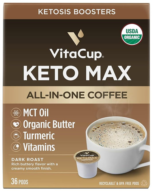 VitaCup Keto Max Dark Roast Coffee Pods, Ketosis & Energy, Butter, MCT Oil, Turmeric, B Vitamins, D3, All-In-One Keto Recyclable Single Serve Pod Compatible with Keurig K-Cup Brewers, 36 Ct