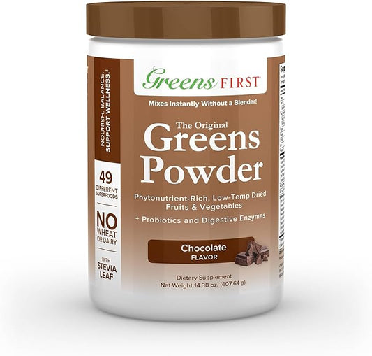Greens First Original Greens Powder - 49 Superfoods - Organic Fruits & Veggies - Prebiotics, Probiotics, Digestive Enzymes - Antioxidant Smoothie - Dairy Free, Vegan, Non-GMO (Chocolate, 30 Servings)