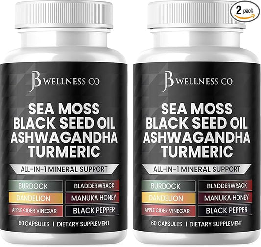 Sea Moss 3000mg Black Seed Oil 2000mg Ashwagandha 1000mg Turmeric 1000mg Bladderwrack 1000mg Burdock 1000mg & D3 with 120 Count