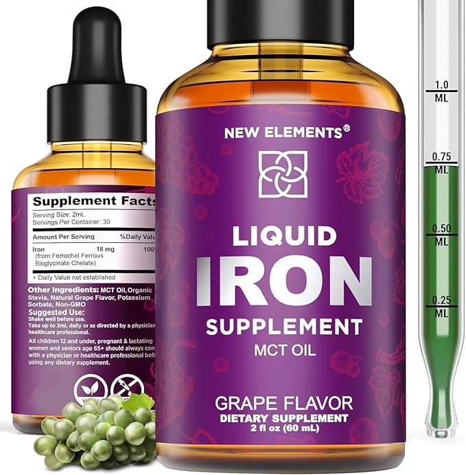 Iron Supplement for Women & Men Free Blood Builder, Iron Vitamin for Anemia | Liquid Iron Drops for Adults with MCT Oil, Natural Grape Flavor, Faster Absorption & Immune Support, 2 Fl Oz