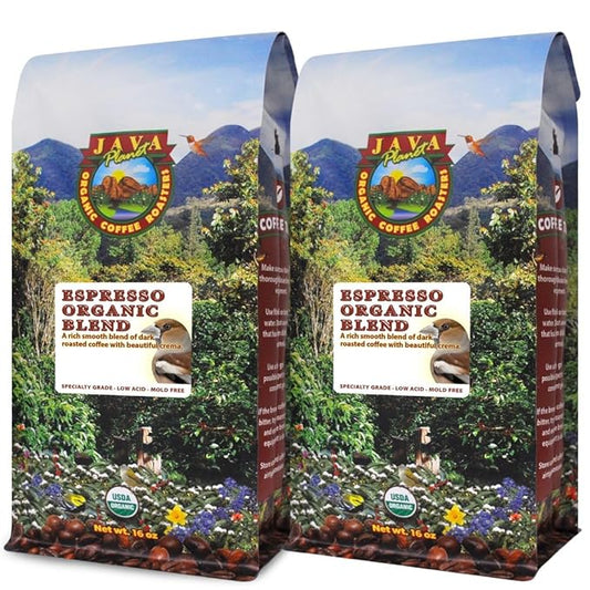 Java Planet Organic, Espresso Blend, Smooth Full Flavored Organic Coffee Beans, Low Acid, Whole Bean Coffee Two 1LB Bags