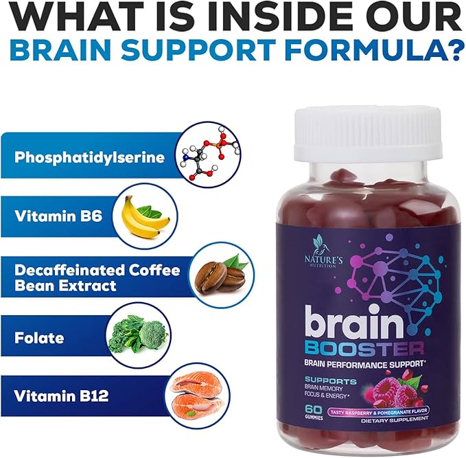 Brain Supplements for Memory & Focus B12, Phosphatidylserine 60 Gummies