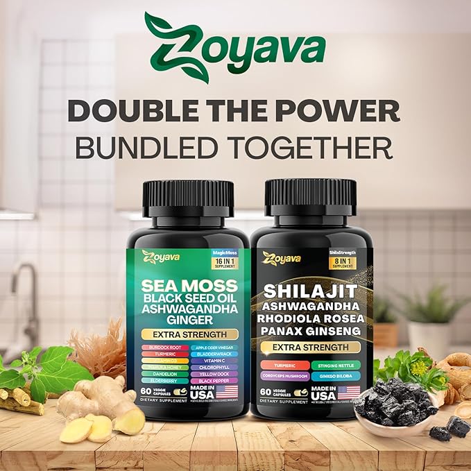 Zoyava Dynamic Vitality Bundle, Sea Moss 7000mg, Black 4000mg, Ashwagandha 2000mg, Ginger 9000mg, Rhodiola 1000mg, Panax (60 Count)