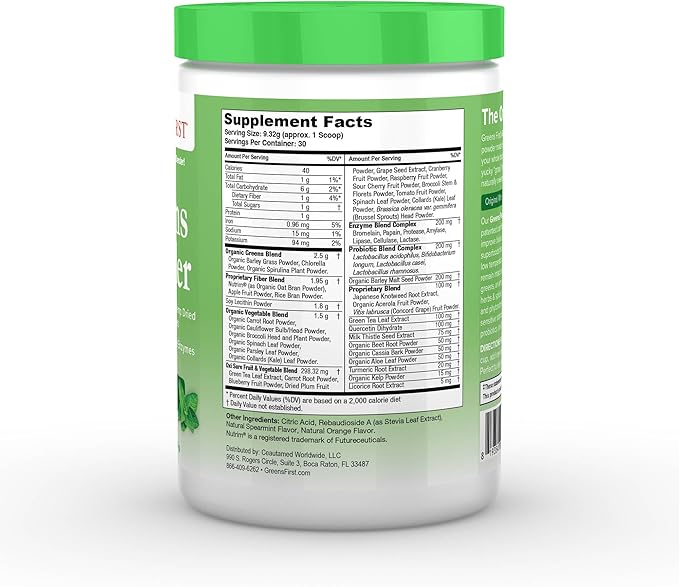 Greens First Original Greens Powder - 49 Superfoods - Organic Fruits & Veggies - Prebiotics, Probiotics & Digestive Enzymes - Antioxidant Smoothie - Dairy Free, Vegan & Non-GMO (Mint, 30 Servings)