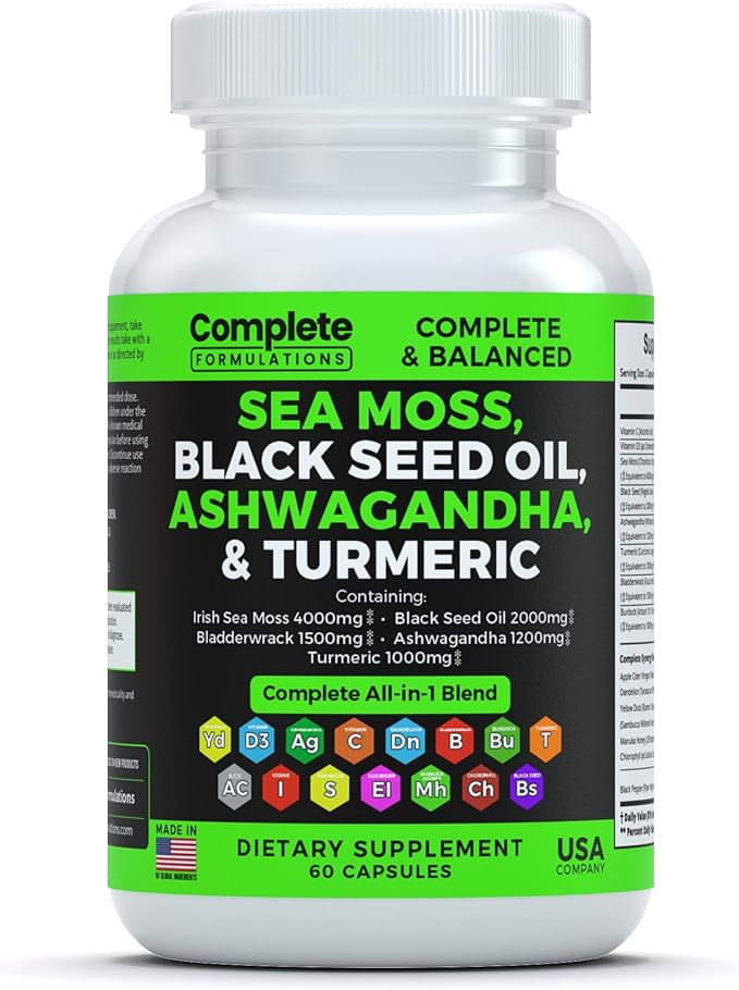 4000mg Sea Moss Supplement Blend 2000mg Ashwagandha 1200mg Turmeric 1000mg Bladderwrack 1500mg, Burdock 1000mg & D3 with