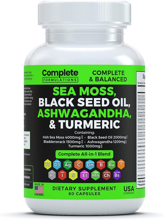 4000mg Sea Moss Supplement Blend 2000mg Ashwagandha 1200mg Turmeric 1000mg Bladderwrack 1500mg, Burdock 1000mg & D3 with