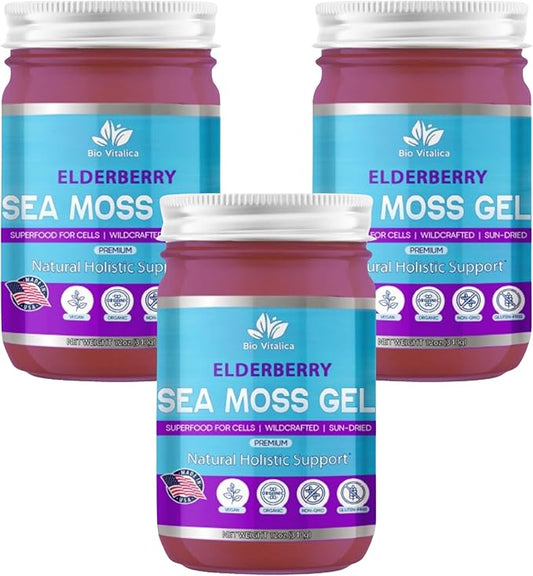 Sea Moss Gel by BioVitalica - Irish sea Moss raw Organic - Premium Quality - Dr Sebi, Vegan superfood for Cells - 100% Natural Seamoss Gel - (Pack of 3, Elderberry)