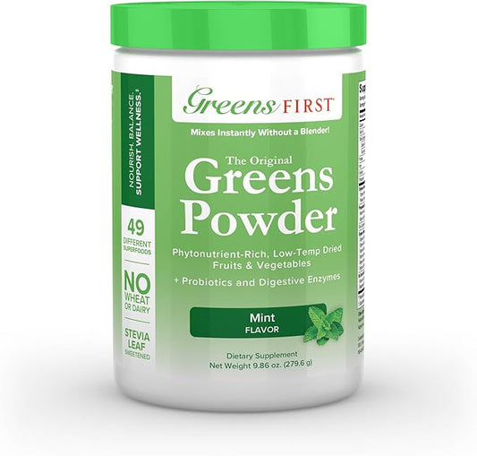 Greens First Original Greens Powder - 49 Superfoods - Organic Fruits & Veggies - Prebiotics, Probiotics & Digestive Enzymes - Antioxidant Smoothie - Dairy Free, Vegan & Non-GMO (Mint, 30 Servings)