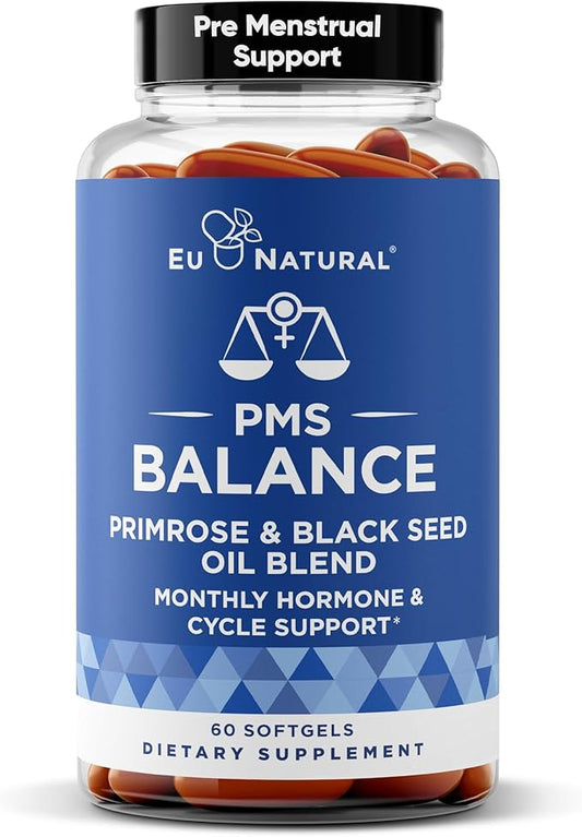 Balance PMS Vitamins for Women - Hormone Balance for Women, Menstrual & PMS Relief - Bloating, Cramping, Mood Swings, Restlessness, Clear Skin - Primrose Oil, Black Seed Oil & DIM - 60 Liquid Softgels