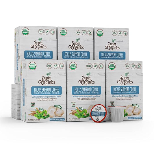 Super Organics Focus Support Coffee Brew Cups With Superfoods & Probiotics Keurig K-Cup Compatible Focus and Adaptogens Medium Roast, USDA Certified, Vegan, Non-GMO Coffee, 60ct