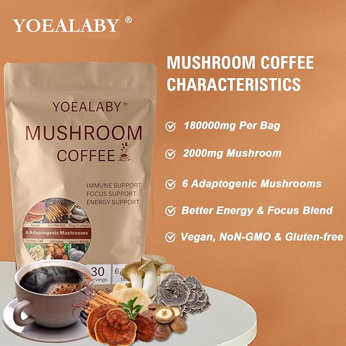 Mushroom Coffee,Organic 6 Adaptogenic Mushrooms Cordyceps, Reishi, Lion's Mane - Enhanced with MCT Oil, Non-GMO Instant Coffee - 180g, 30 Servings - Enhances Focus, Energy & Immunity
