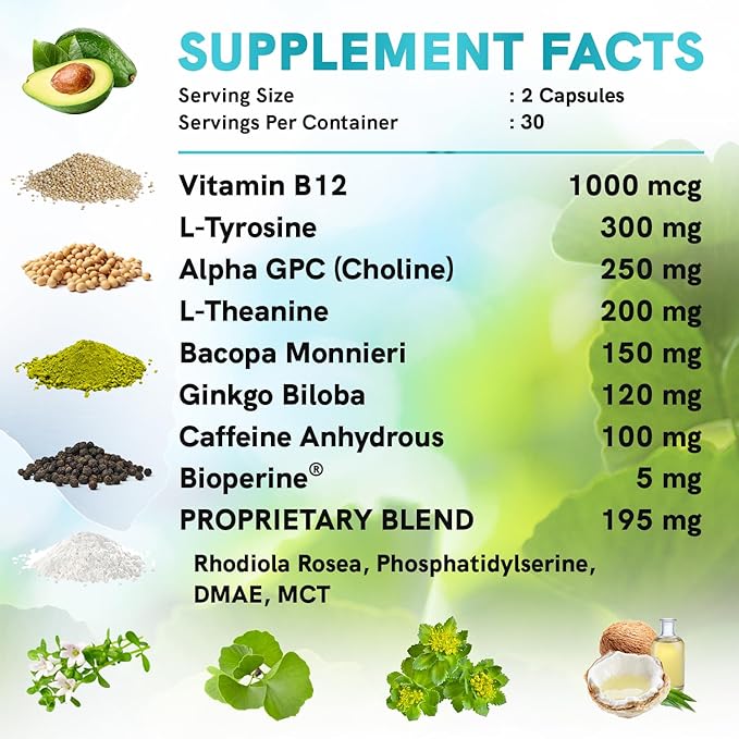 12-in-1 Nootropic Brain Supplement with Caffeine B12, Alpha 1321mg (60ct) (60ct)