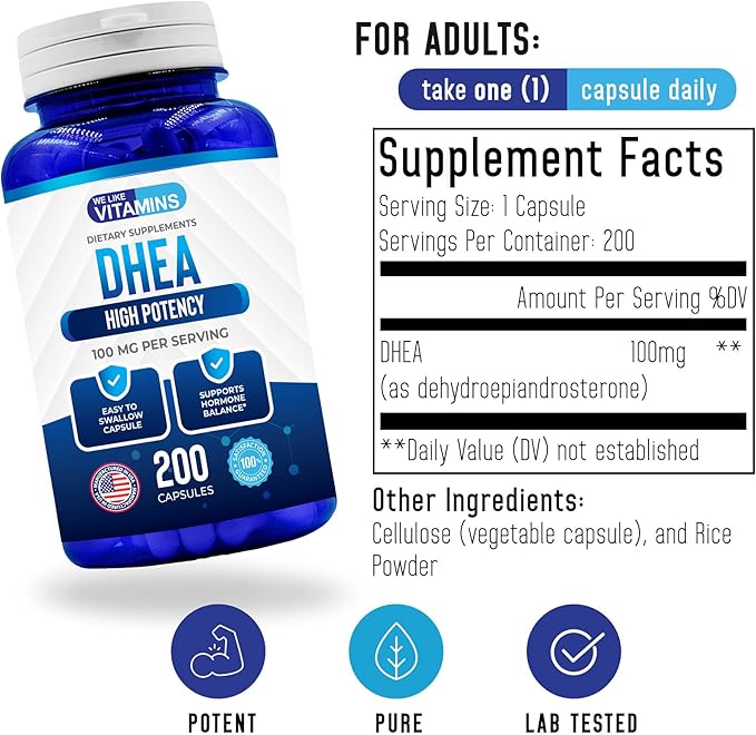 We Like Vitamins DHEA 100mg 200 Capsules - 200 Day Supply of DHEA Capsules - Helps with Hormone Balance and Energy Levels for Men & Women