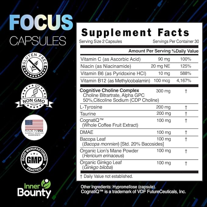 Focus 14-in-1 Nootropic Brain Supplement B12, Taurine, 60 Filler