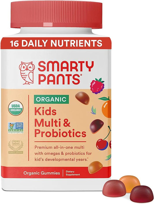 SmartyPants Organic Kids Multivitamin Gummies: Probiotics, 3 (ALA), D3, C, B12, B6, B6, Vitamin 120 Count (30 Day