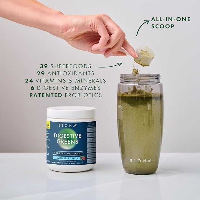 BIOHM Digestive Greens, Green Superfood Powder with Antioxidants, Vitamins and Probiotics, Super Greens, Supplement with Enzymes, Ashwagandha, Spirulina, Chlorella, Berry Flavor (30 Servings)