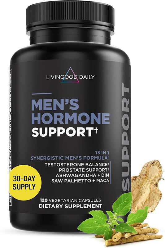 Livingood Daily Men's Hormone Support, 120 Vegetarian Capsules - Testosterone Booster, Endurance, Prostate Support, & DIM Supplement for Men - Supports Mood, Energy, & Stamina - Non-GMO, Vegan