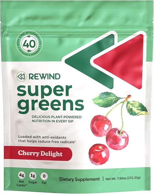 Rewind Greens - Super Greens Powder - Delicious Green Juice Drink Mix with Amazing Flavor - Over 40 Superfoods - Vitamin B12, Zinc, Vitamin C, Magnesium, and Calcium - Cherry Delight