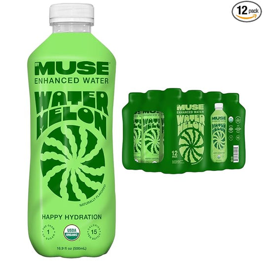 MyMuse Organic Enhanced Flavored Water, Watermelon, 16.9oz Bottle (12 pack), 1G of Sugar, Immune Support with Zinc & Elderberry, Antioxidants Vitamin E, Low Calories, Healthy, USDA organic, Keto Friendly