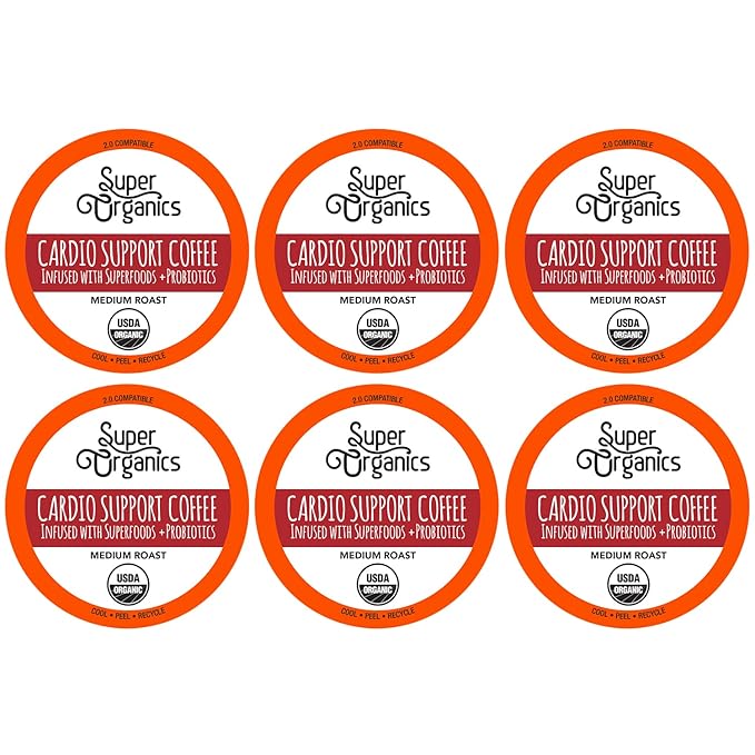 Super Organics Cardio Support Coffee Brew Cups With Superfoods & Probiotics Keurig K-Cup Compatible Cardiovascular Health Medium Roast, USDA Certified Organic, Vegan Coffee, 60ct