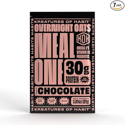 Kreatures of Habit Meal One | Overnight & Instant Superfood Protein Meal Replacement | Gluten Free, Dairy Free, 30g of Plant Based Protein, With No Added Sugar | Chocolate | Pack of 7