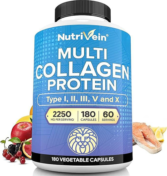 Nutrivein Multi Collagen Pills 2250mg - 180 Collagen Capsules - Type I, II, III, V, X, Anti-Aging, Healthy Joints, Hair, Skin, Bones, Nails, Hydrolyzed Protein Peptides for Woman and Men
