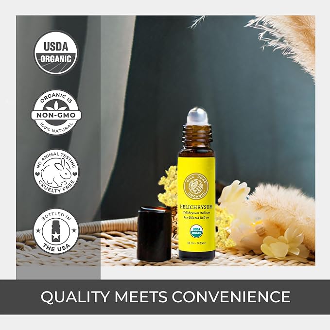Organic Helichrysum Italicum Essential Oil Roll On, 100% Pure USDA Certified Aromatherapy for Skin Vitality & Anti-Aging - 10 ml Roller by Silk Road Organic - Always Pure, Always Organic