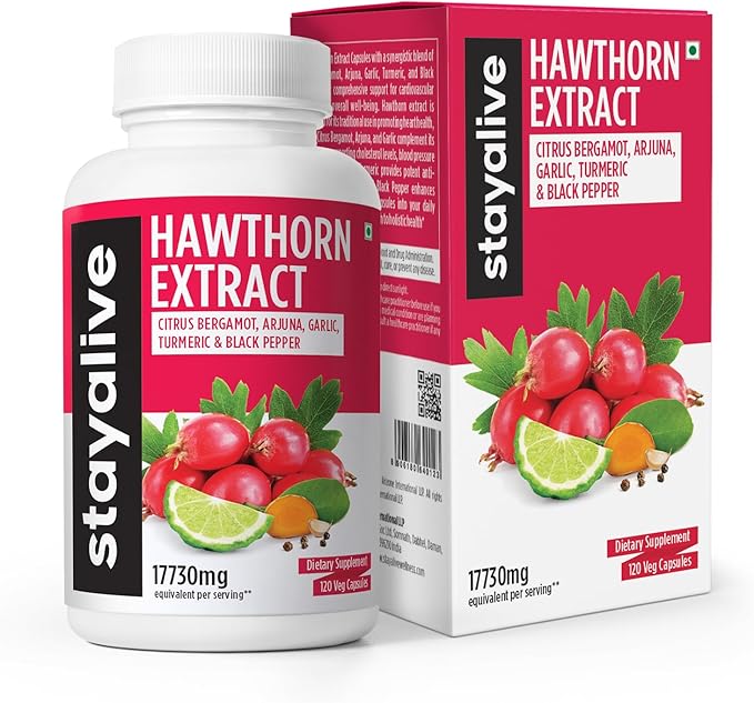 STAY ALIVE Hawthorn Berry Capsules 9000mg, 6000mg, Garlic 1000mg, Turmeric 1125mg, Arjuna 600mg & 120 Vegan