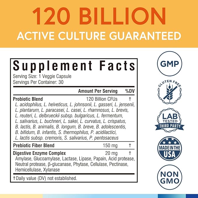 Terranics Probiotics 120 Billion with Prebiotics 30 Tested 30 Veggie