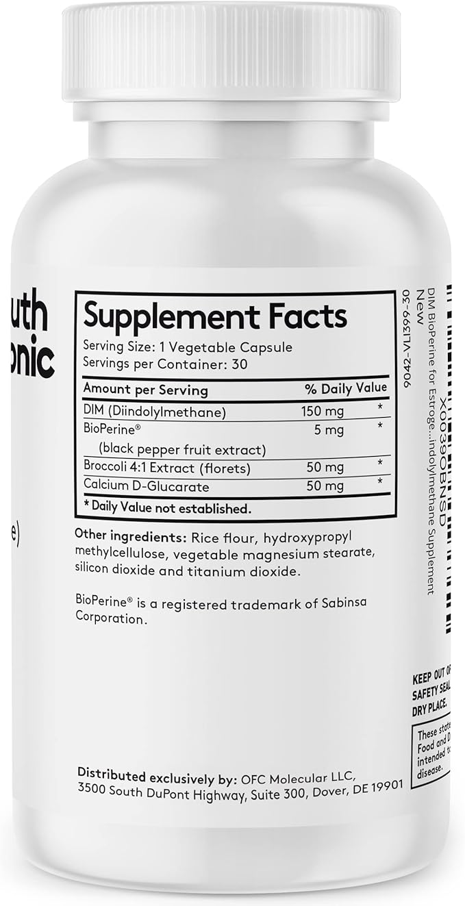 Youth & Tonic DIM BioPerine for Estrogen Metabolism Support | Women and Men Hormone Balance with Excess Estrogen Blocker | Diindolylmethane Supplement - 30 Pills