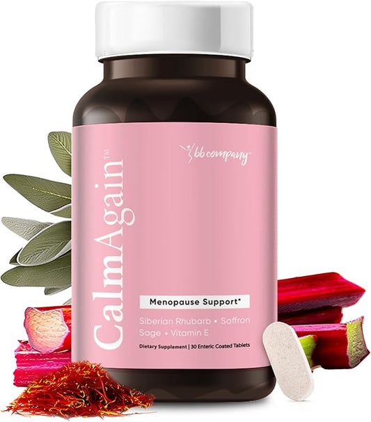 BB Company CalmAgain Menopause Support, Relief & Hormone Balance - Nervousness Relief, Mood Support, Hot Flashes, Night Sweats - Feel Calm - Antioxidant Rich Siberian Rhubarb, Sage, Saffron (30 Ct)