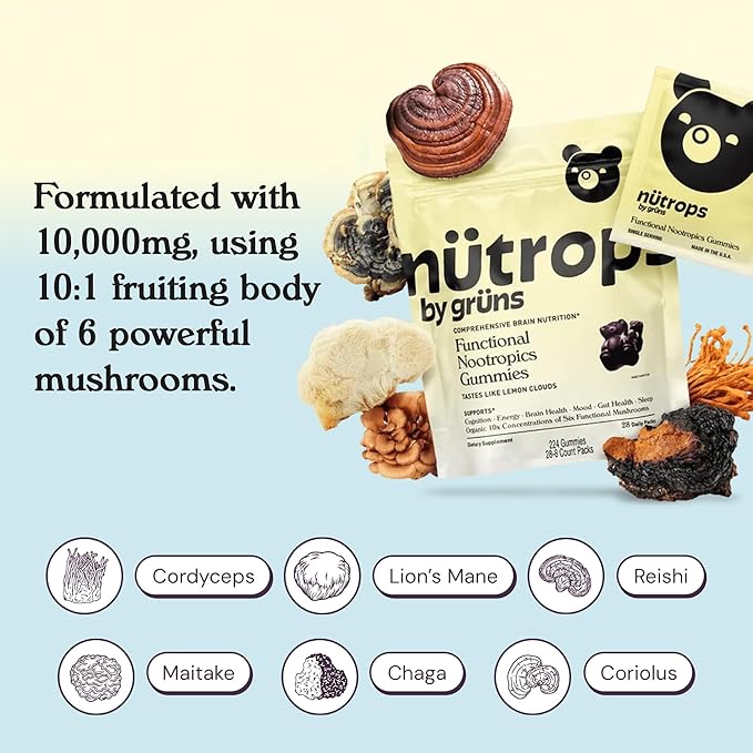 Nutrops Sugar-Free Functional Nootropics Mushroom Gummies for adult, Herbal Brain Supplement Gummy for Energy, Brain Health, Mood & Focus - Lions Mane, Cordyceps, Reishi, Maitake, Chaga & Coriolus Blend, 28 serve