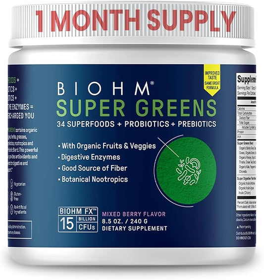 BIOHM Super Greens, Green Superfood Powder Antioxidant Veggie Powder and Smoothie Mix with Digestive Enzymes, Spirulina, 34 Superfood with Prebiotics and Probiotics, Mixed Berry Flavor (30 Servings)
