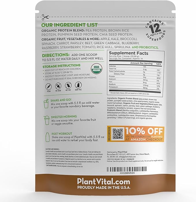 PlantVital Vegan Protein Powder Plant Based, Organic Protein Powder Chocolate, 24g/0g sugar, 12 Superfoods, Veggies, Probiotics, Raw Cocoa, Kale, Beets, Spirulina, Pea, Gluten-Free, Keto-Friendly,32oz
