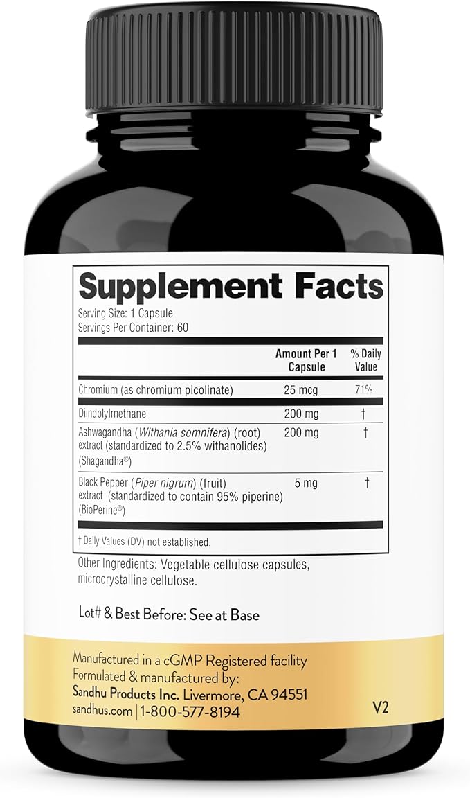 Sandhu's DIM Supplement 200 mg -60 Capsules - Diindolymethane with Ashwagandha & Bioperine Hormone Balance for Women & Men, Hormonal Acne Supplements