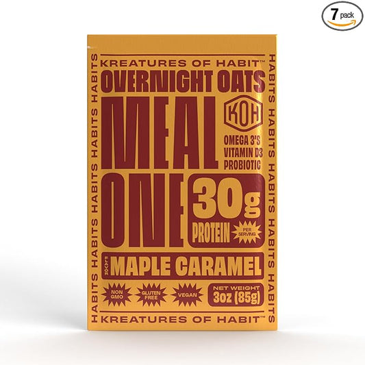 Kreatures of Habit Meal One | Overnight & Instant Superfood Protein Meal Replacement | Gluten Free, Dairy Free, 30g of Plant Based Protein, With No Added Sugar | Maple Caramel | Pack of 7