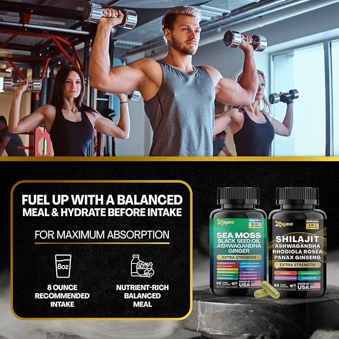 Zoyava Dynamic Vitality Bundle, Sea Moss 7000mg, Black 4000mg, Ashwagandha 2000mg, Ginger 9000mg, Rhodiola 1000mg, Panax (60 Count)