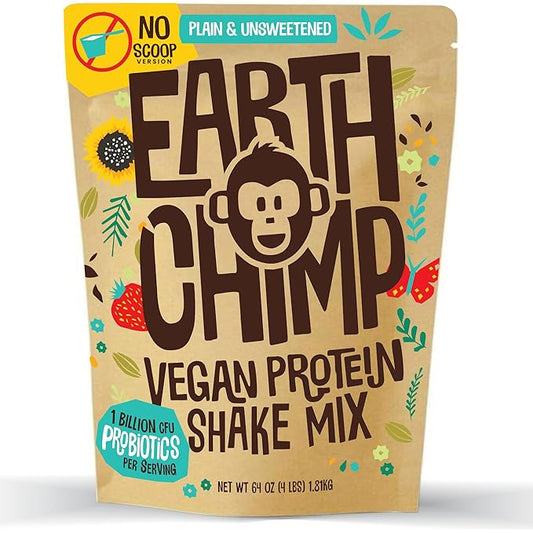 EarthChimp Organic Vegan Protein Powder - with Probiotics - Non GMO, Dairy Free, Non Whey, Plant Based Protein Powder for Women and Men, Gluten Free - 26 Servings 32 Oz (Plain & Unsweetened) No Scoop