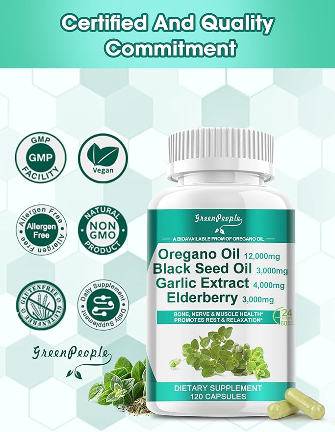 Oregano Oil 12,000mg Black Seed Oil 3,000mg Garlic 4,000mg Elderberry 3,000mg - D3 & 120 Capsules丨Vegan