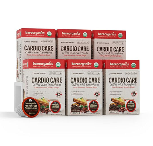BareOrganics Cardio Care Coffee With Superfoods & Probiotics | Keurig K-Cup Compatible Coffee Pods | USDA Certified Organic, Vegan, Non-GMO & Recyclable 72ct