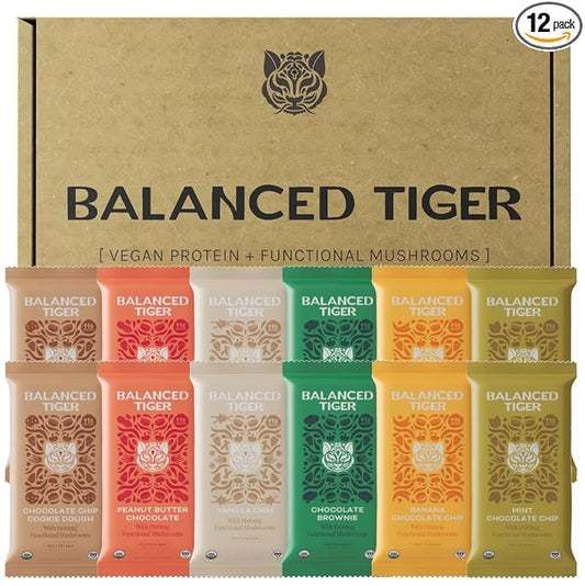 Organic Functional Mushroom Vegan Protein Bars | Made in USA | Full Dose (1500mg) Lions Mane, Chaga, Reishi & Cordyceps Bars | Plant Protein Bars w/Adaptogens & Superfoods | 12 Bars Variety Box