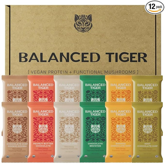 Organic Functional Mushroom Vegan Protein Bars | Made in USA | Full Dose (1500mg) Lions Mane, Chaga, Reishi & Cordyceps Bars | Plant Protein Bars w/Adaptogens & Superfoods | 12 Bars Variety Box