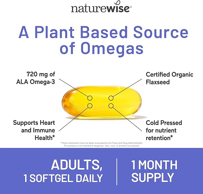NatureWise Flaxseed Oil 1200 mg, Fish Free Omega 3 6 9 with 720mg ALA, Dietary Supplement for Heart Health Support - Organic, Cold Pressed, Non-GMO - 30 Softgels[1-Month Supply]