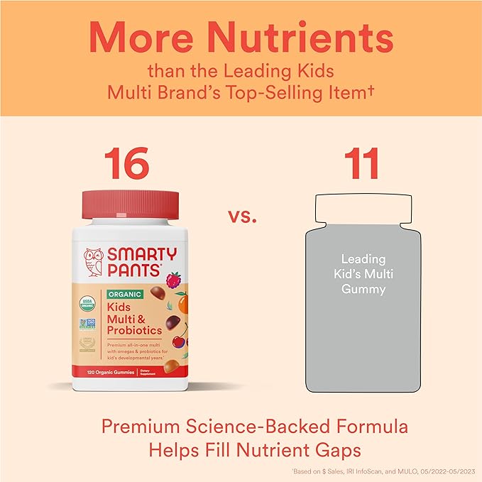 SmartyPants Organic Kids Multivitamin Gummies: Probiotics, 3 (ALA), D3, C, B12, B6, B6, Vitamin 120 Count (30 Day